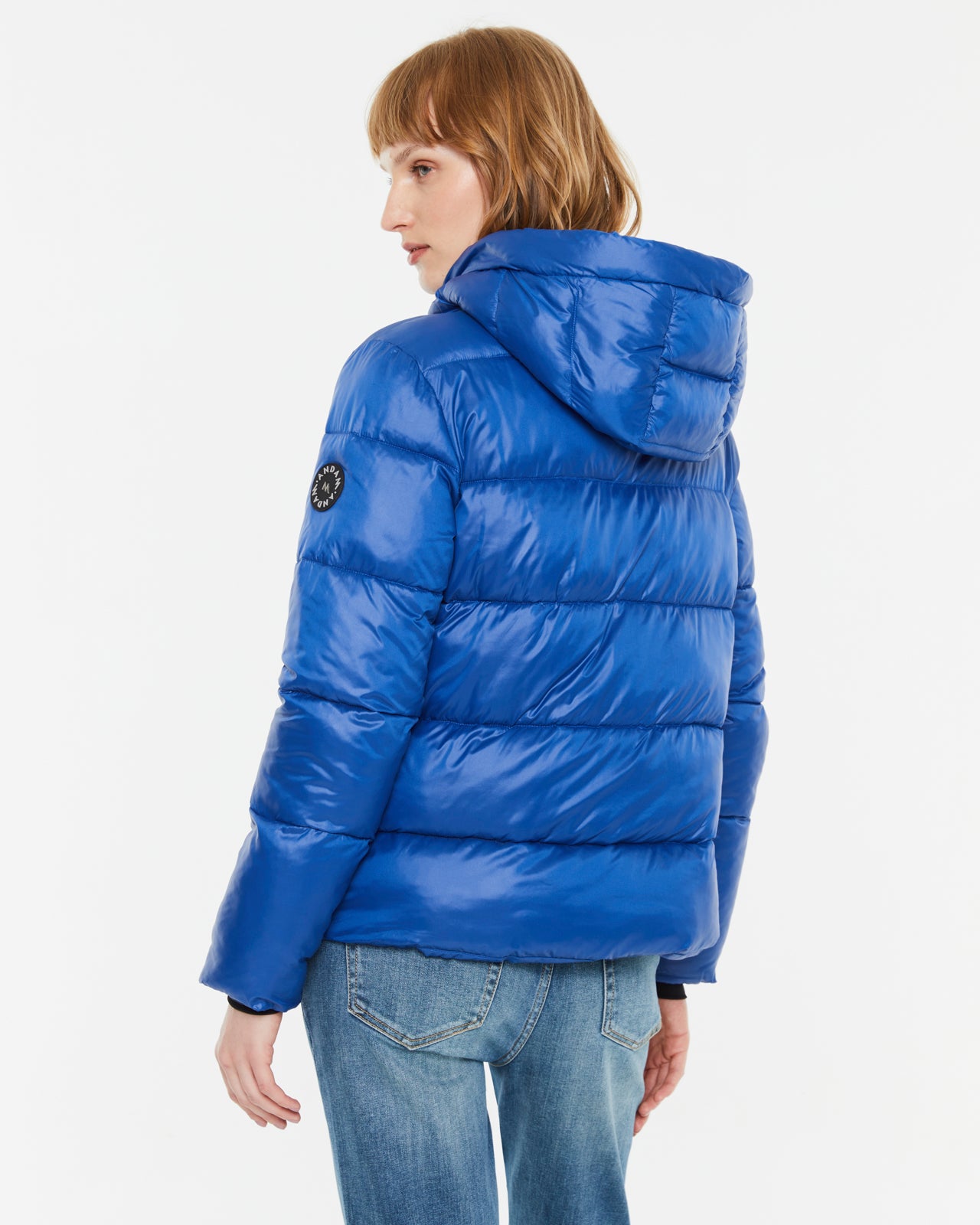 Back view of Andam blue hooded puffer parka