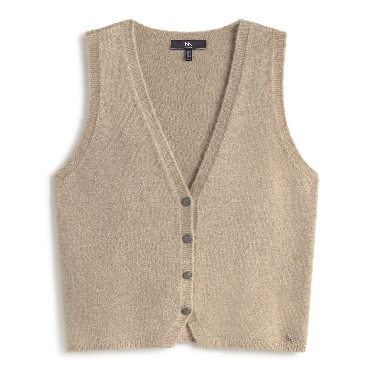 ANDAM beige knit vest with V-neck and button front in soft knit fabric