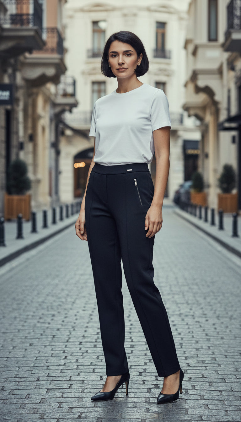 Street style look featuring Andam navy blue tailored trousers paired with a white t-shirt