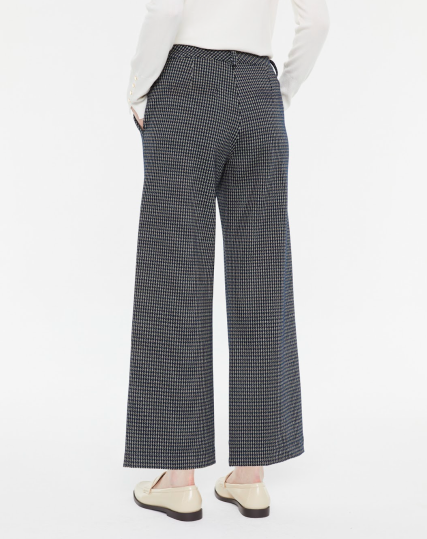 Back view of Andam navy check straight-leg trousers