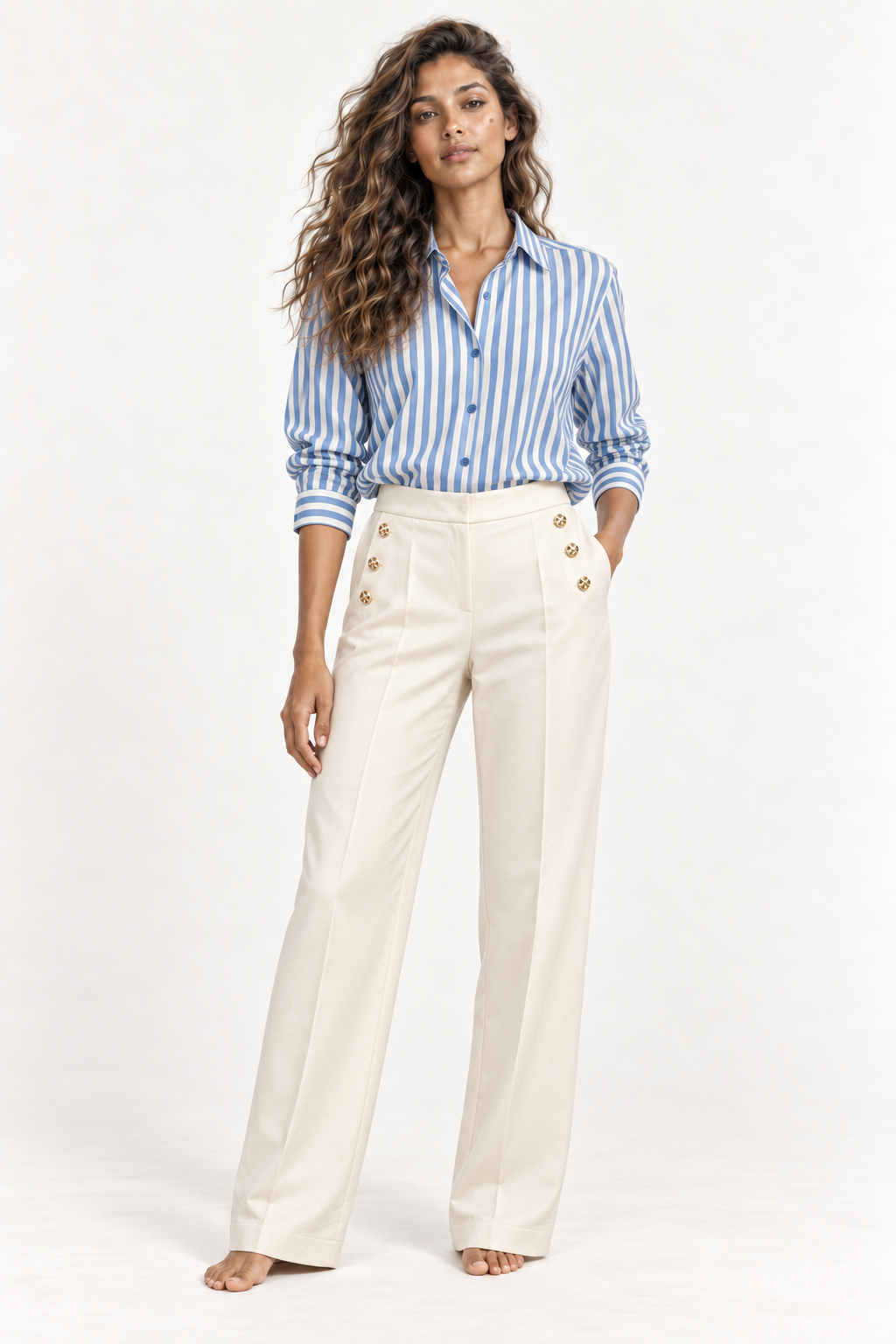 Andam | Tapered Pants with Gold Sailor Buttons in Cream