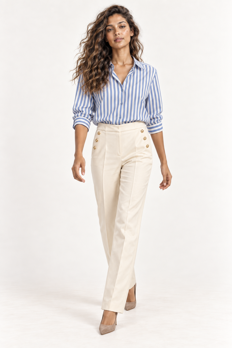 Andam | Tapered Pants with Gold Sailor Buttons in Cream