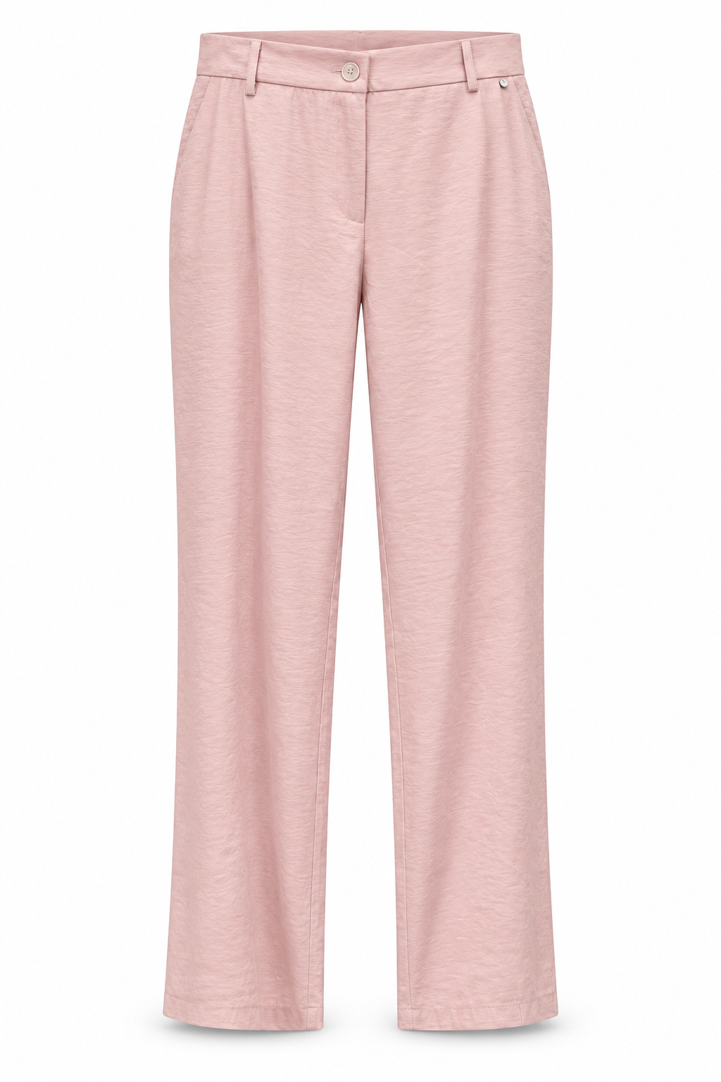 Andam pink crinkled viscose flared pants, front view showing the belt loops, button and zip fly and slanted front pockets