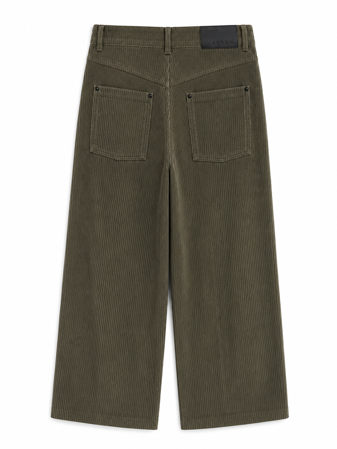 Andam pleated wide leg corduroy trousers in khaki with a high-rise waist and tailored fit.