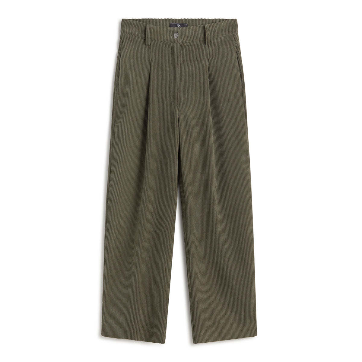 Andam pleated wide leg corduroy trousers in khaki with a high-rise waist and tailored fit.