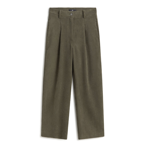 Andam pleated wide leg corduroy trousers in khaki with a high-rise waist and tailored fit.