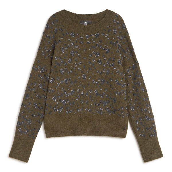 Andam khaki soft knit jersey featuring all-over black sequin embellishment and a relaxed crew neck silhouette.