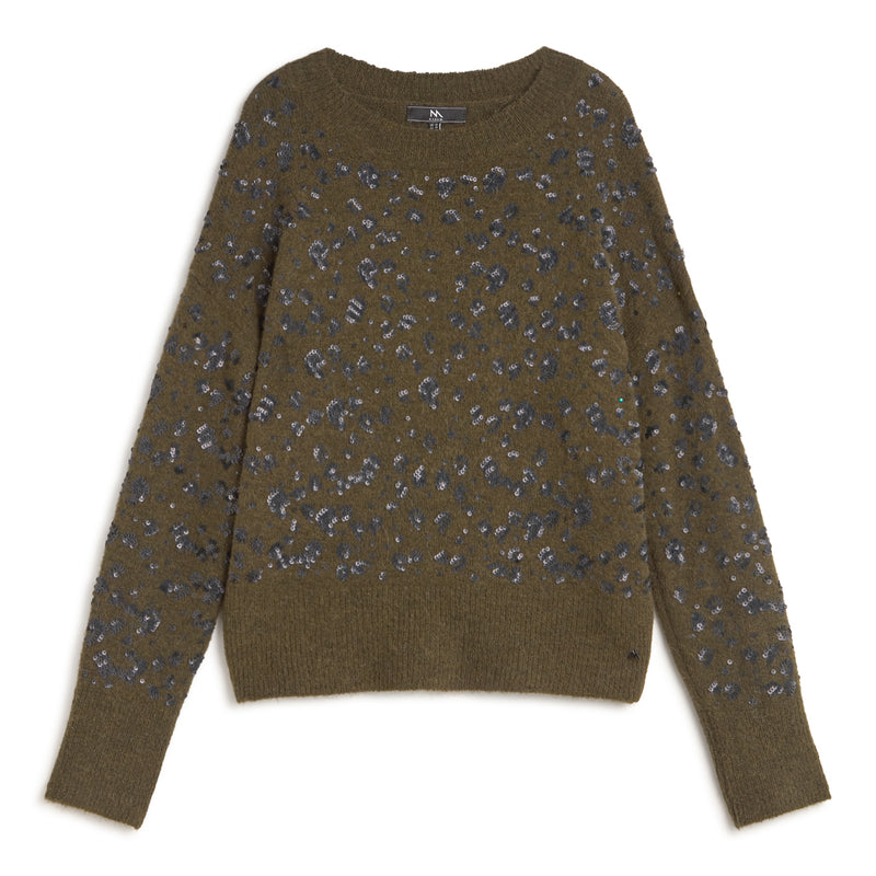 Andam khaki soft knit jersey featuring all-over black sequin embellishment and a relaxed crew neck silhouette.