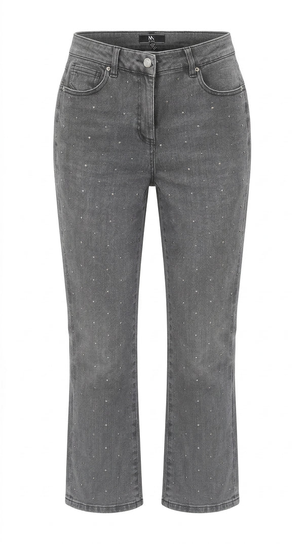 ANDAM straight leg grey denim jeans with subtle crystal embellishments and a classic five-pocket design