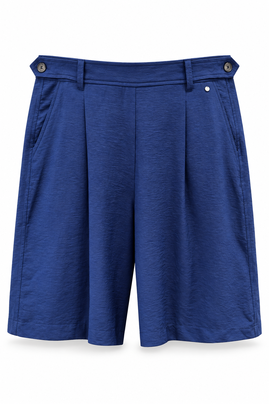 Andam navy pleated shorts, front view showing the buttoned side tabs, belt loops and slanted pockets