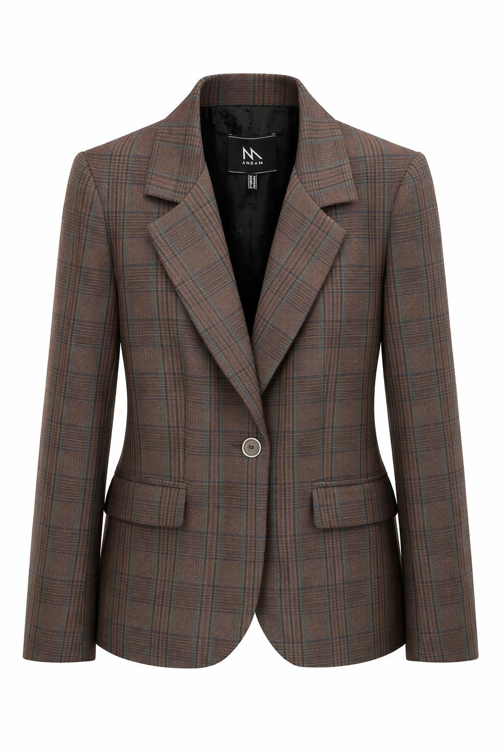 Andam tailored blazer in brown check front view