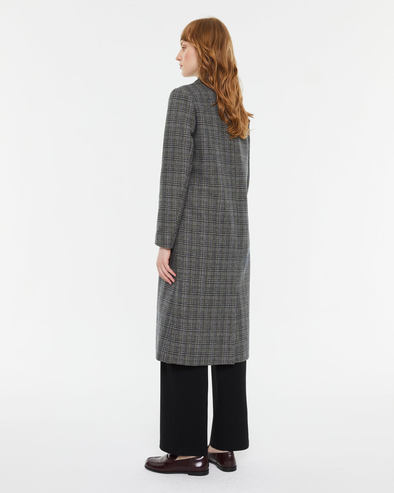 Back view of Andam tailored longline coat in grey check with classic straight silhouette
