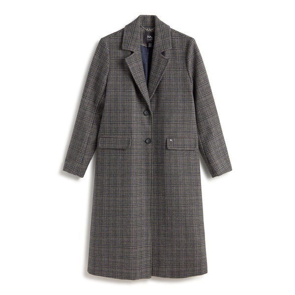Andam tailored longline coat in grey check with lapel collar, button-front closure and classic structured silhouette