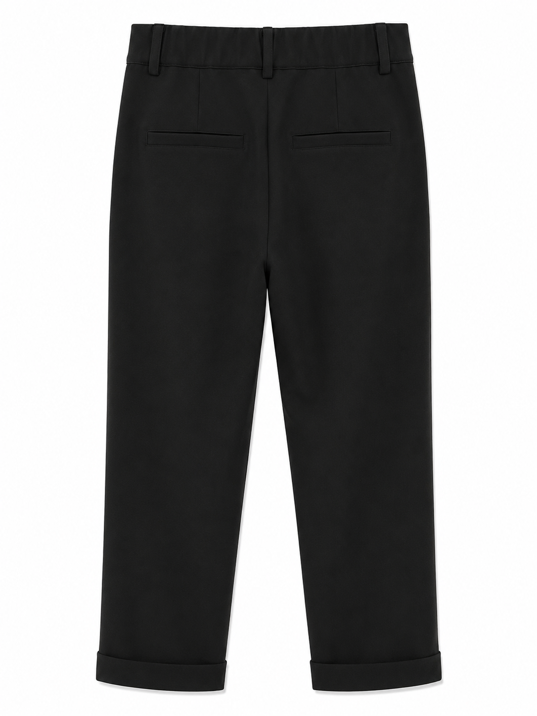 Andam tailored black trousers with a tapered leg, pressed front crease and contemporary turn-up cuffs.