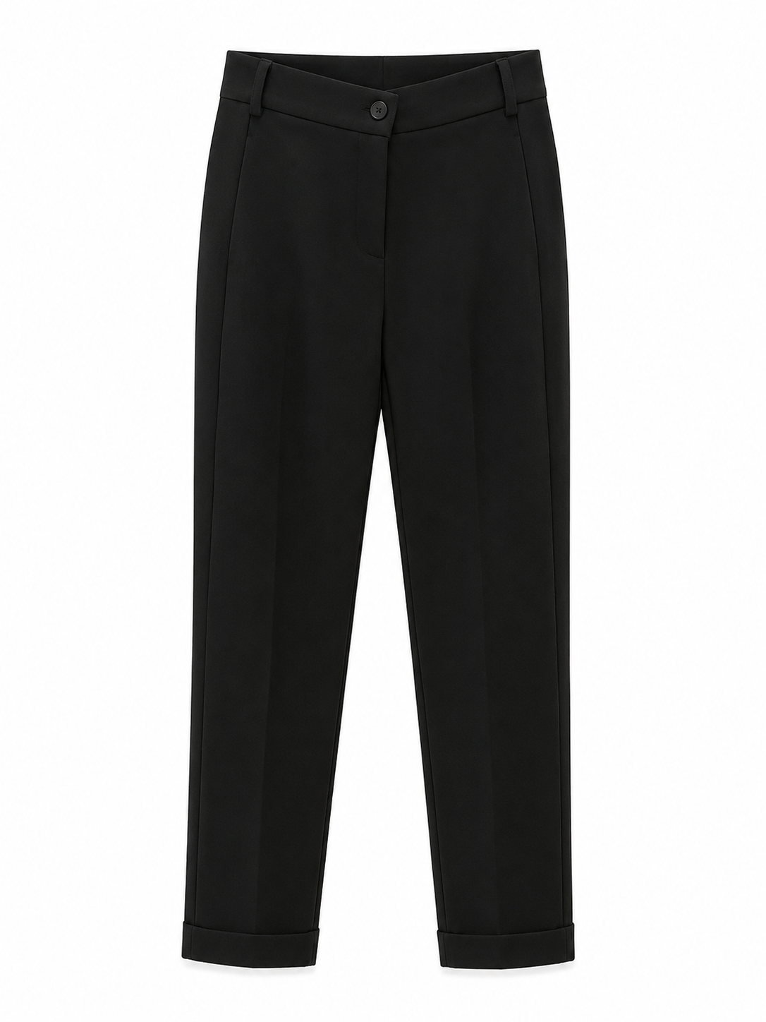 Andam tailored black trousers with a tapered leg, pressed front crease and contemporary turn-up cuffs.