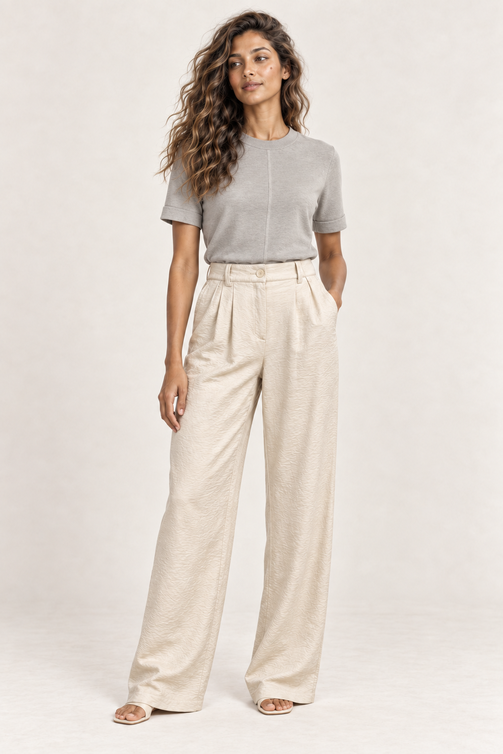 Andam | Crinkled Viscose Flared Leg Pants in Crudo