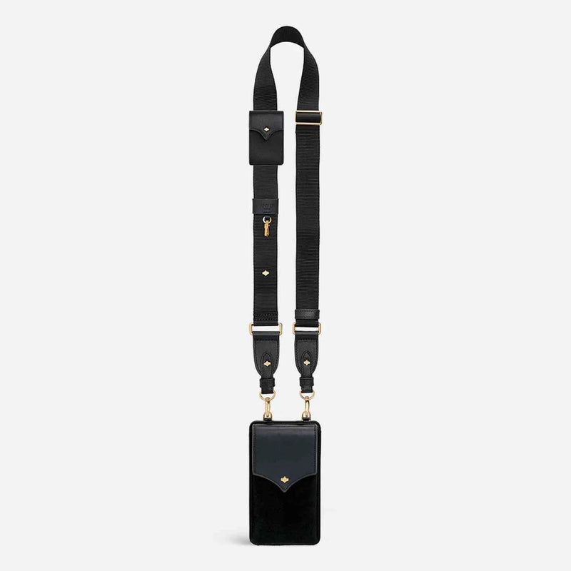 ANY DI black nylon phone strap set with detachable pouch and gold hardware