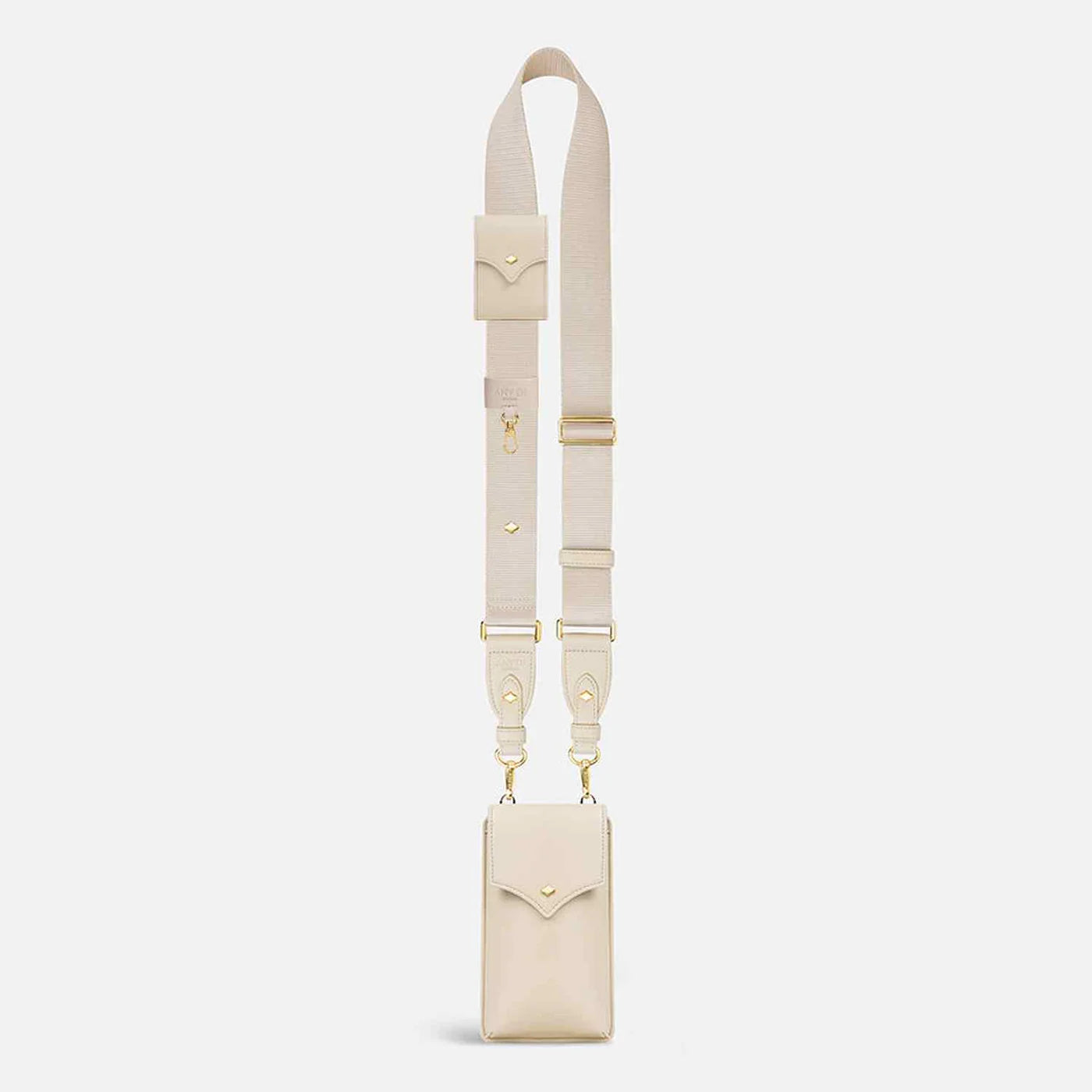 ANY DI crème nylon phone strap set with detachable pouch and gold hardware