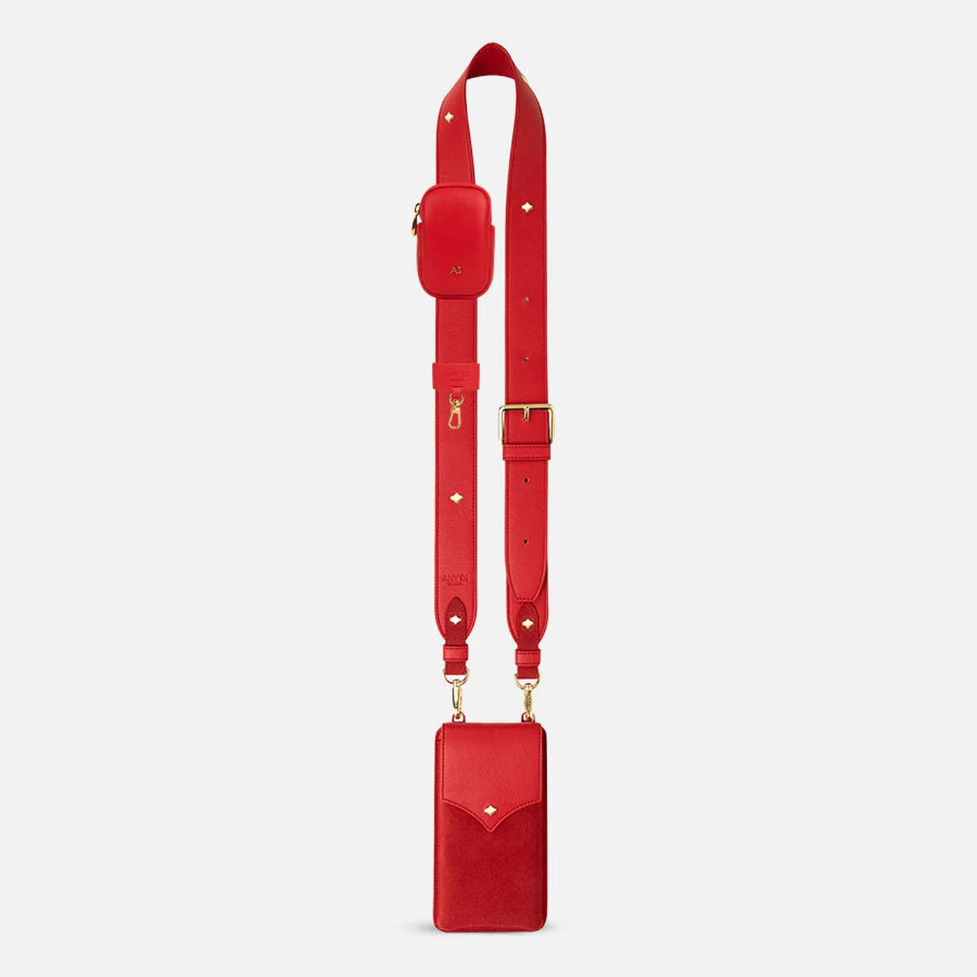 ANY DI red leather phone strap set with detachable pouch and gold hardware