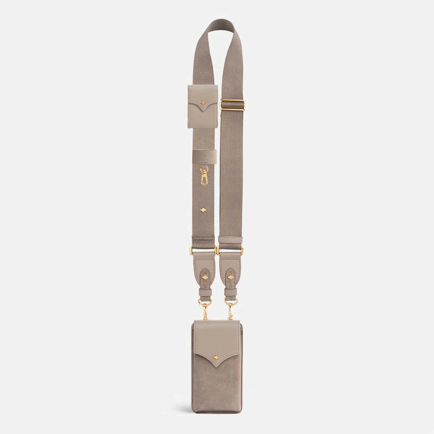 ANY DI taupe nylon phone strap set with detachable pouch and gold hardware
