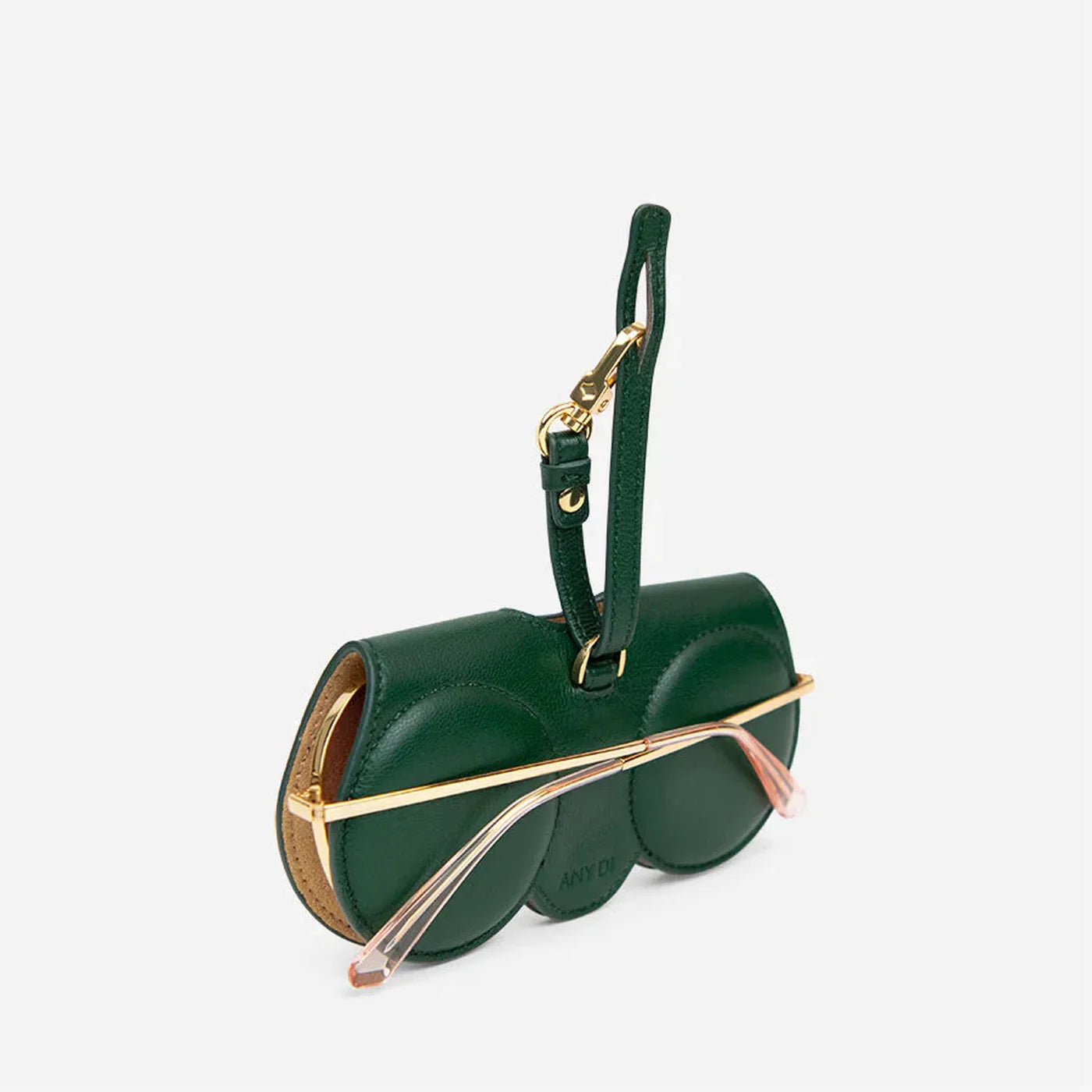 ANY DI Forest green SunCover sunglasses case with gold hardware
