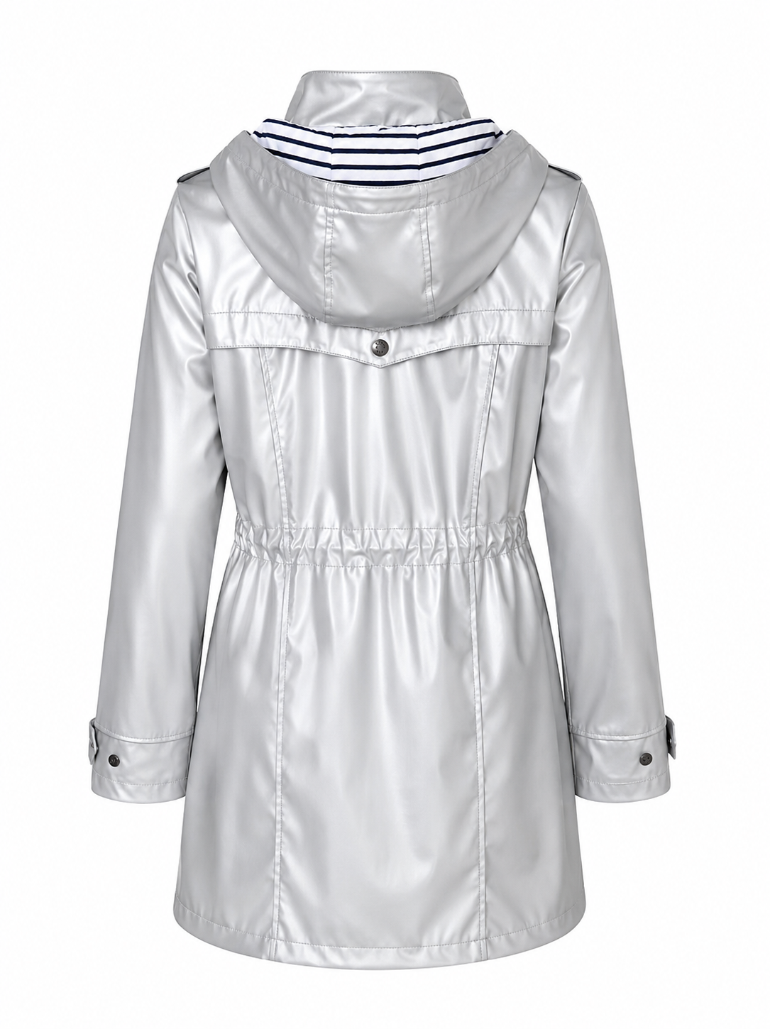 Batela women's waterproof rain jacket in silver with hood, adjustable waist and snap-button front closure