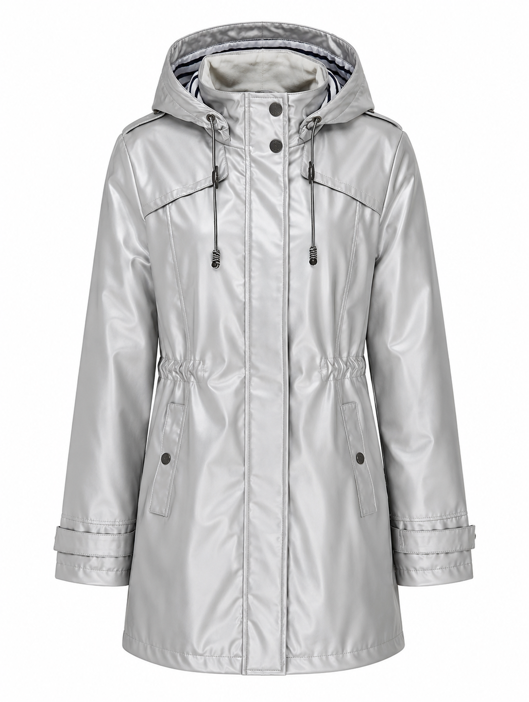 Batela women's waterproof rain jacket in silver with hood, adjustable waist and snap-button front closure