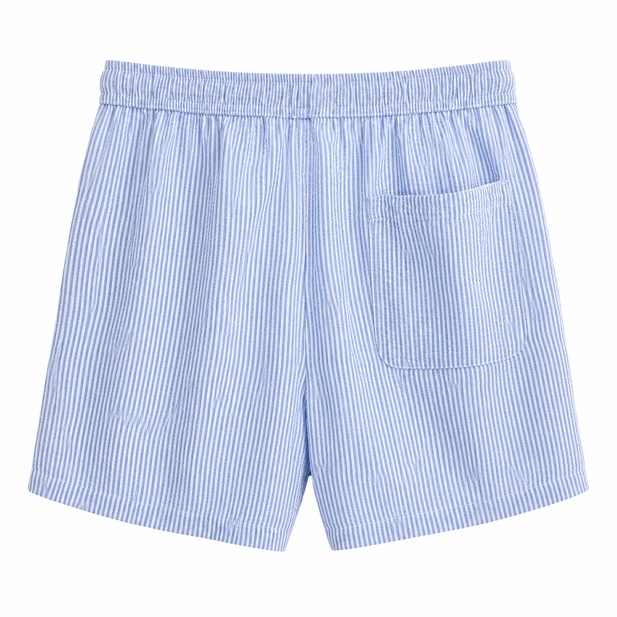 Blue and white striped shorts back view with elasticated waistband and patch pocket