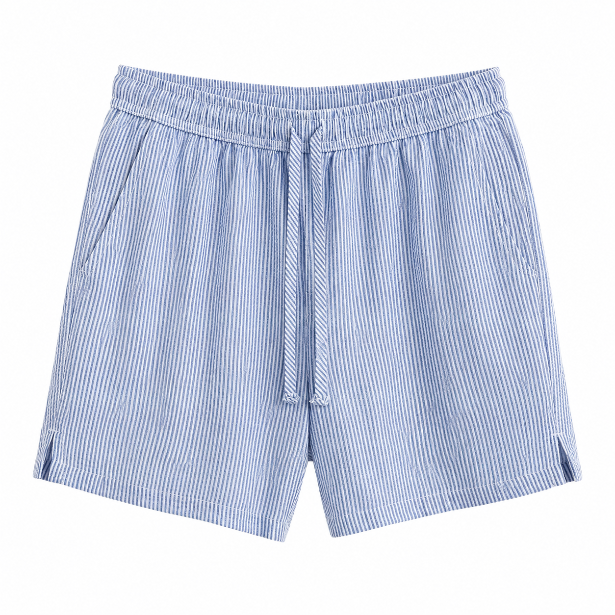 Blue and white striped shorts front view with elasticated drawstring waist and side pockets