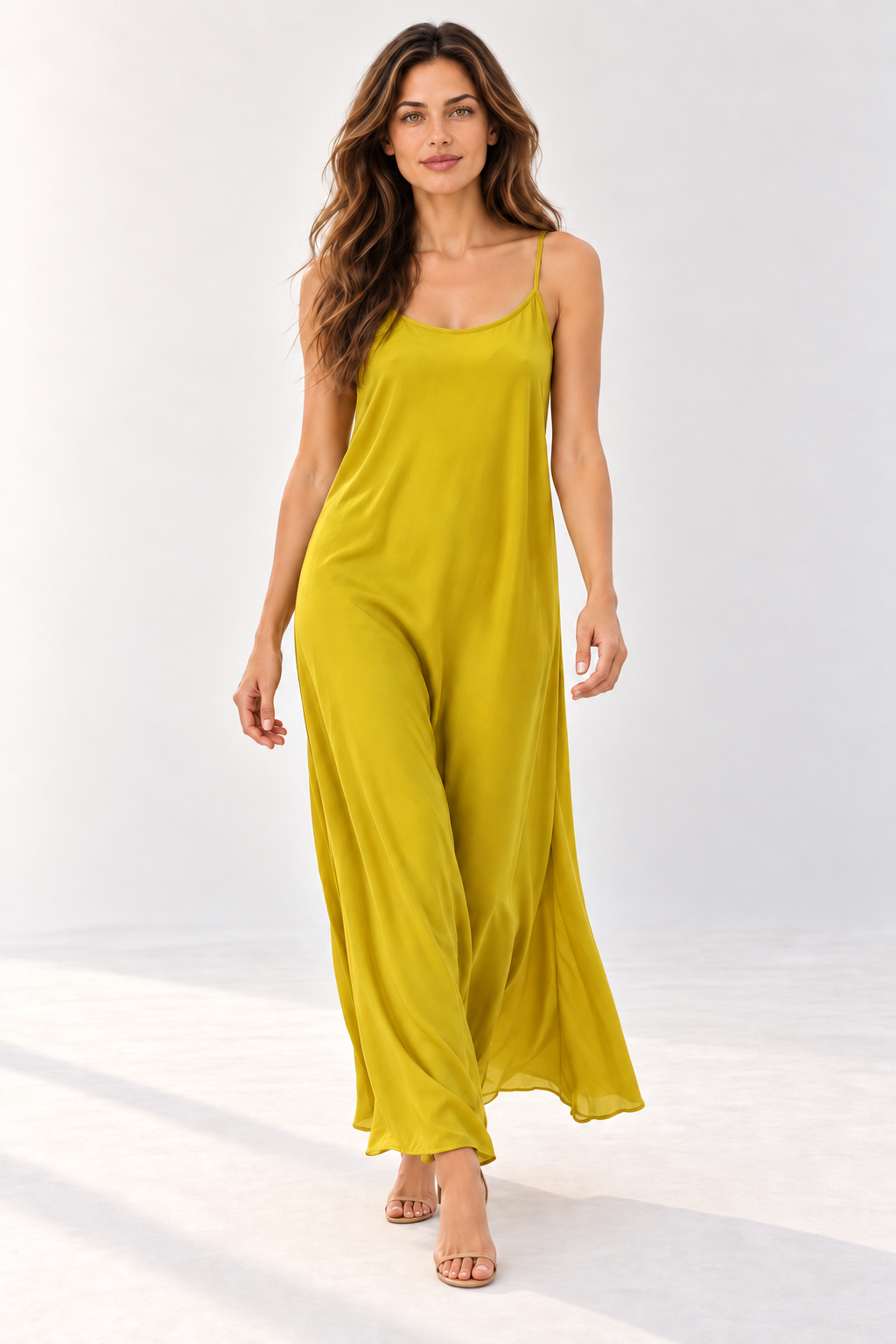 Model walking in the Suzy D Suzie satin maxi slip dress in Vibrant Amber Haze, the skirt swinging out as she moves.