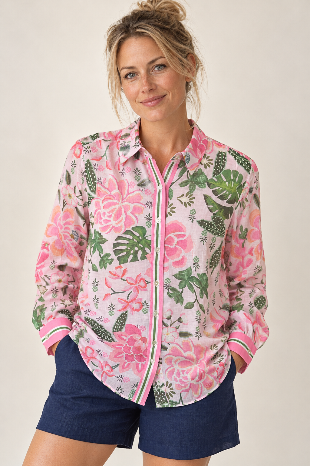 Close-up of the peony and palm leaf print on the Gordon Smith Desert Oasis Shirt in Musk Multi