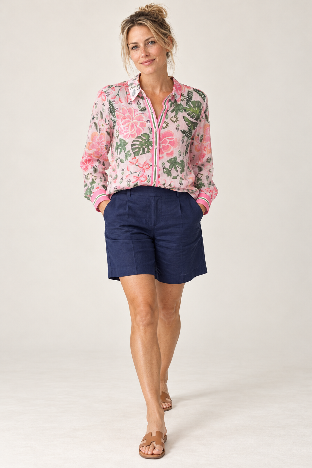 Model walking in the Gordon Smith Lino Short in Navy and Desert Oasis Shirt