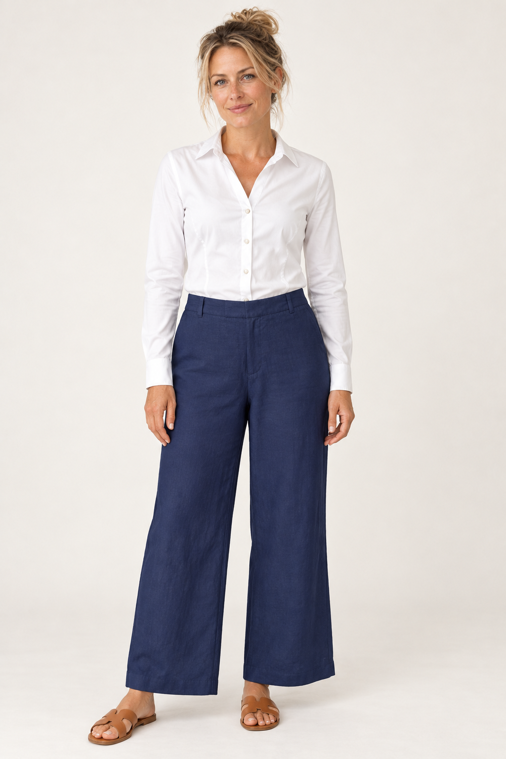 Gordon Smith Lino Wide Leg Pant in Navy worn with the Emma Rib Shirt in White
