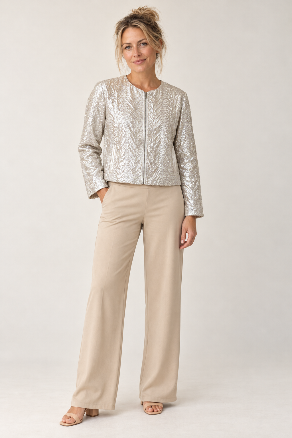 Smashed Lemon silver crinkle jacket styled over the sand wide leg pants