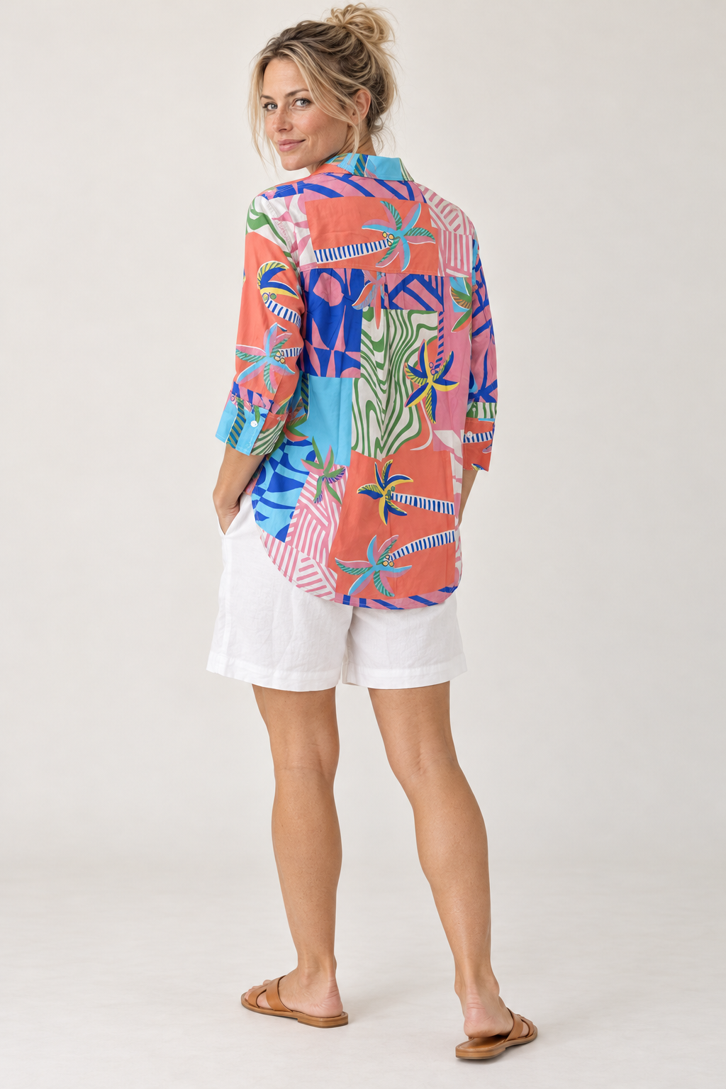 Back view of the Threadz Urban Jungle Print Shirt in Musk Multi on a model