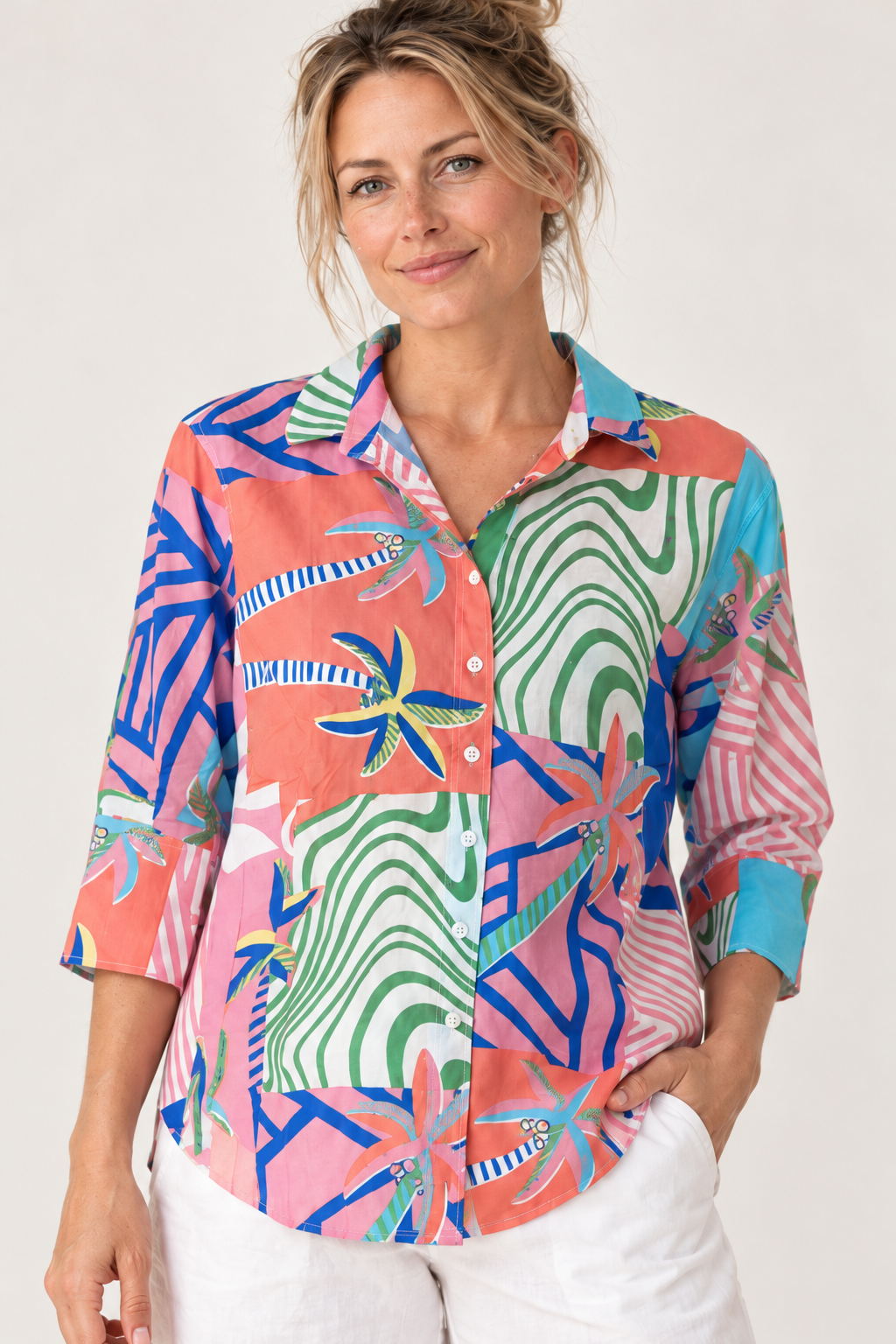 Close-up of the palm and wave print on the Threadz Urban Jungle Print Shirt in Musk Multi