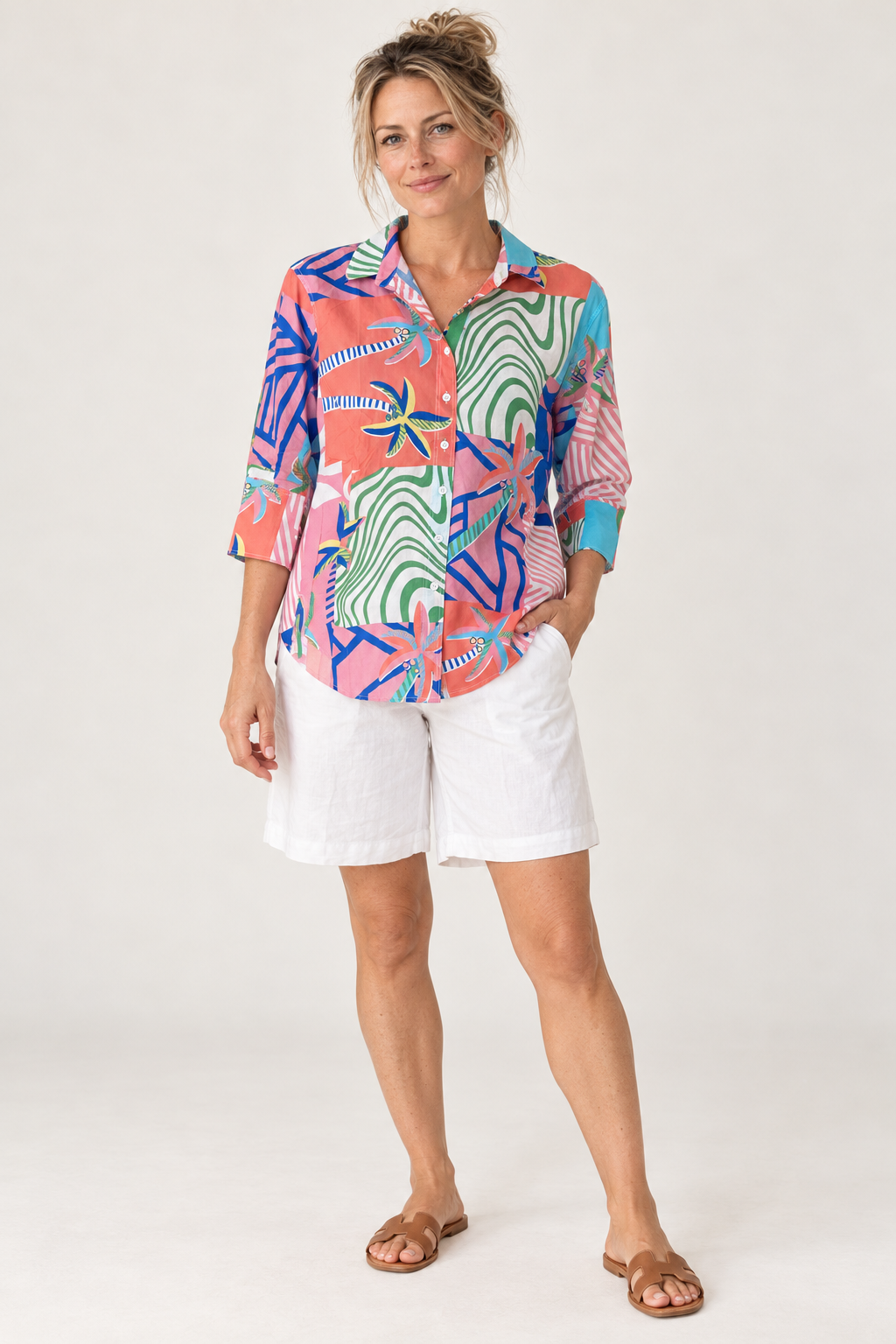 Model wearing the Threadz Urban Jungle Print Shirt in Musk Multi with the Gordon Smith Lino Short in White
