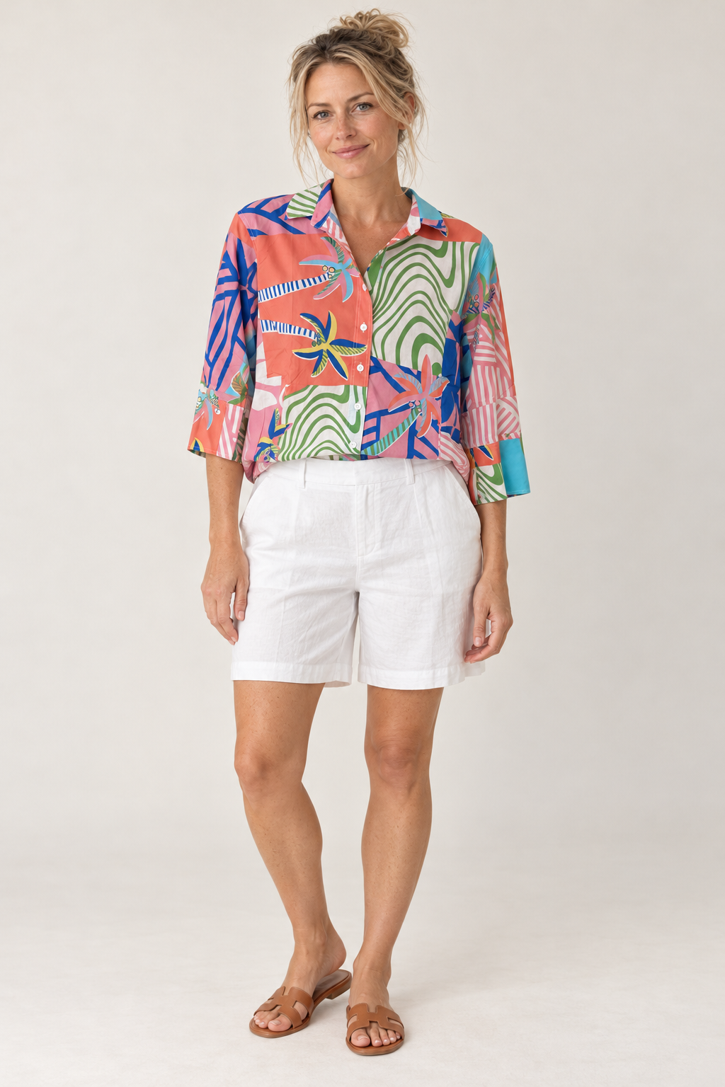 Model wearing the Gordon Smith Lino Short in White with the Threadz Urban Jungle Print Shirt in Musk Multi