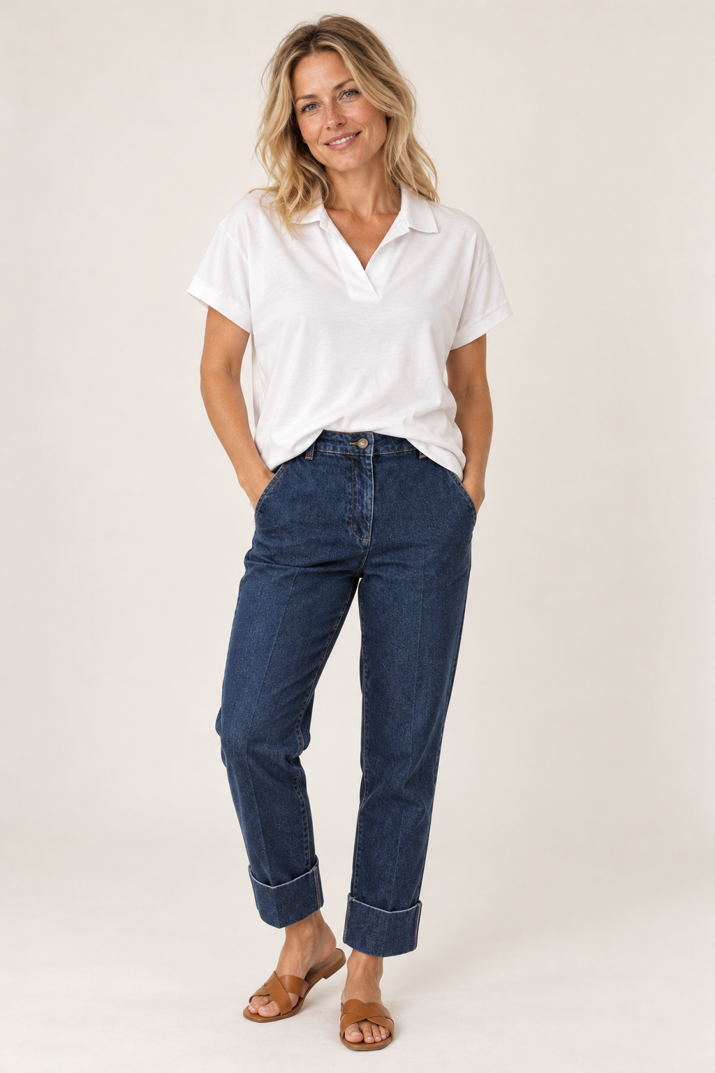 Gordon Smith Fairway Polo Top in White styled with La Petite Étoile Parly Dark Blue jeans