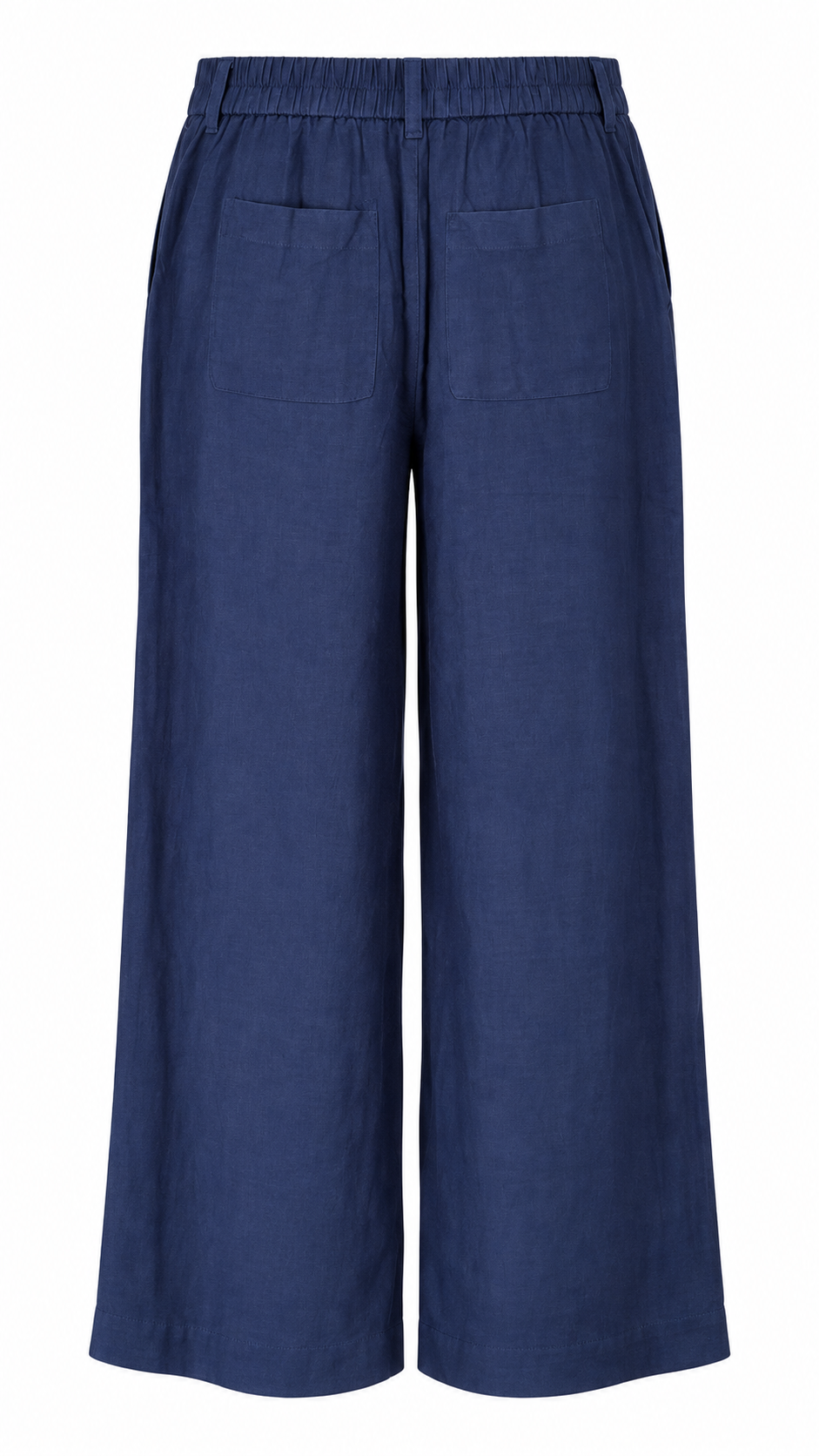 Gordon Smith Lino Wide Leg Pant in Navy, back view on hanger with elasticated waist and patch pockets