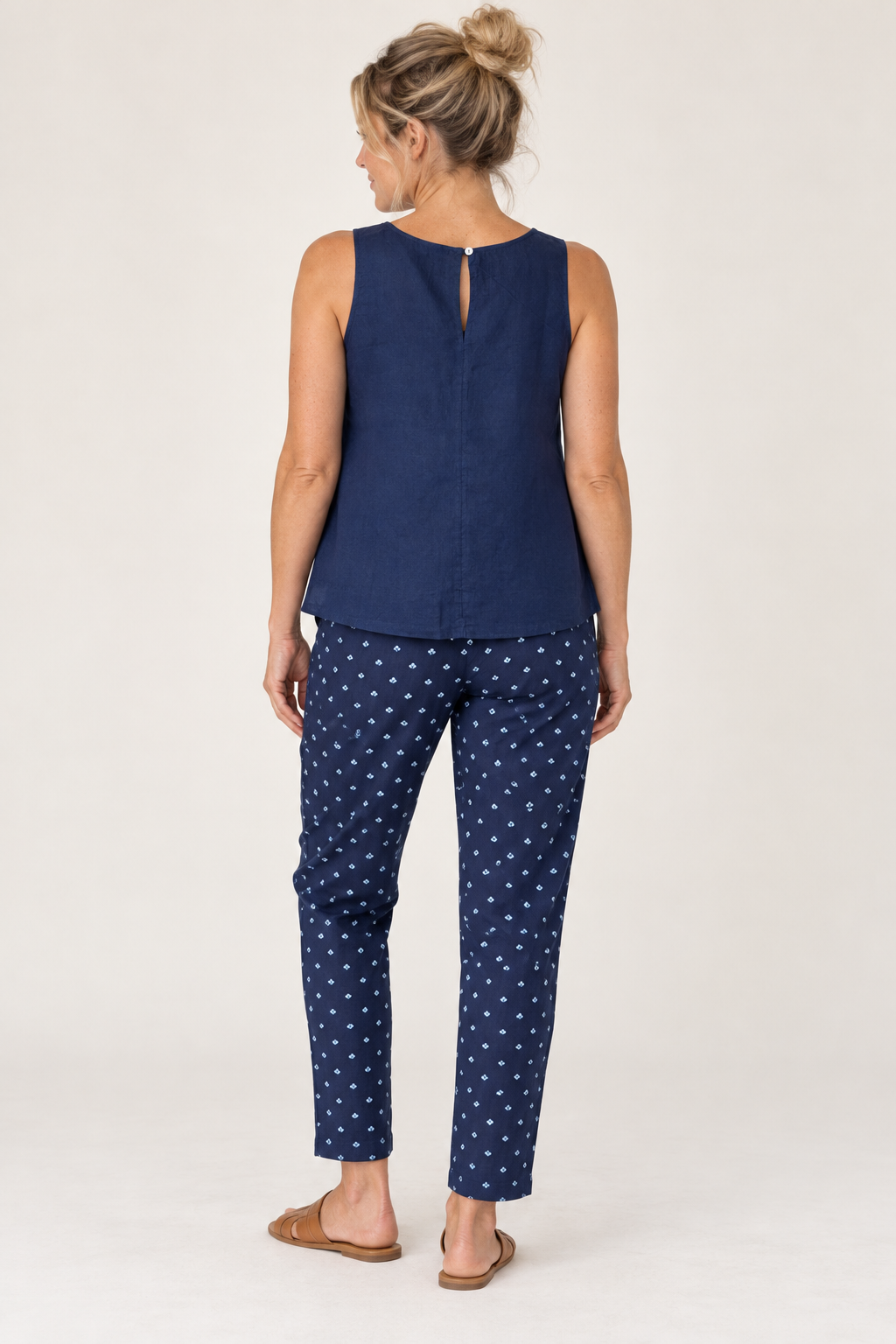 Back view of the Tropez Print Pant in Navy & White on model, with the Tilly Linen Cami in Navy
