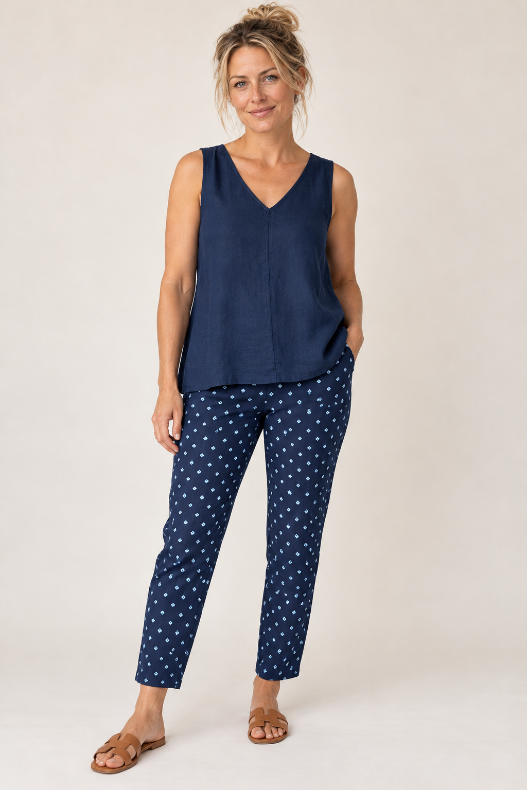 Gordon Smith Tropez Print Pant in Navy & White styled with the Tilly Linen Cami in Navy