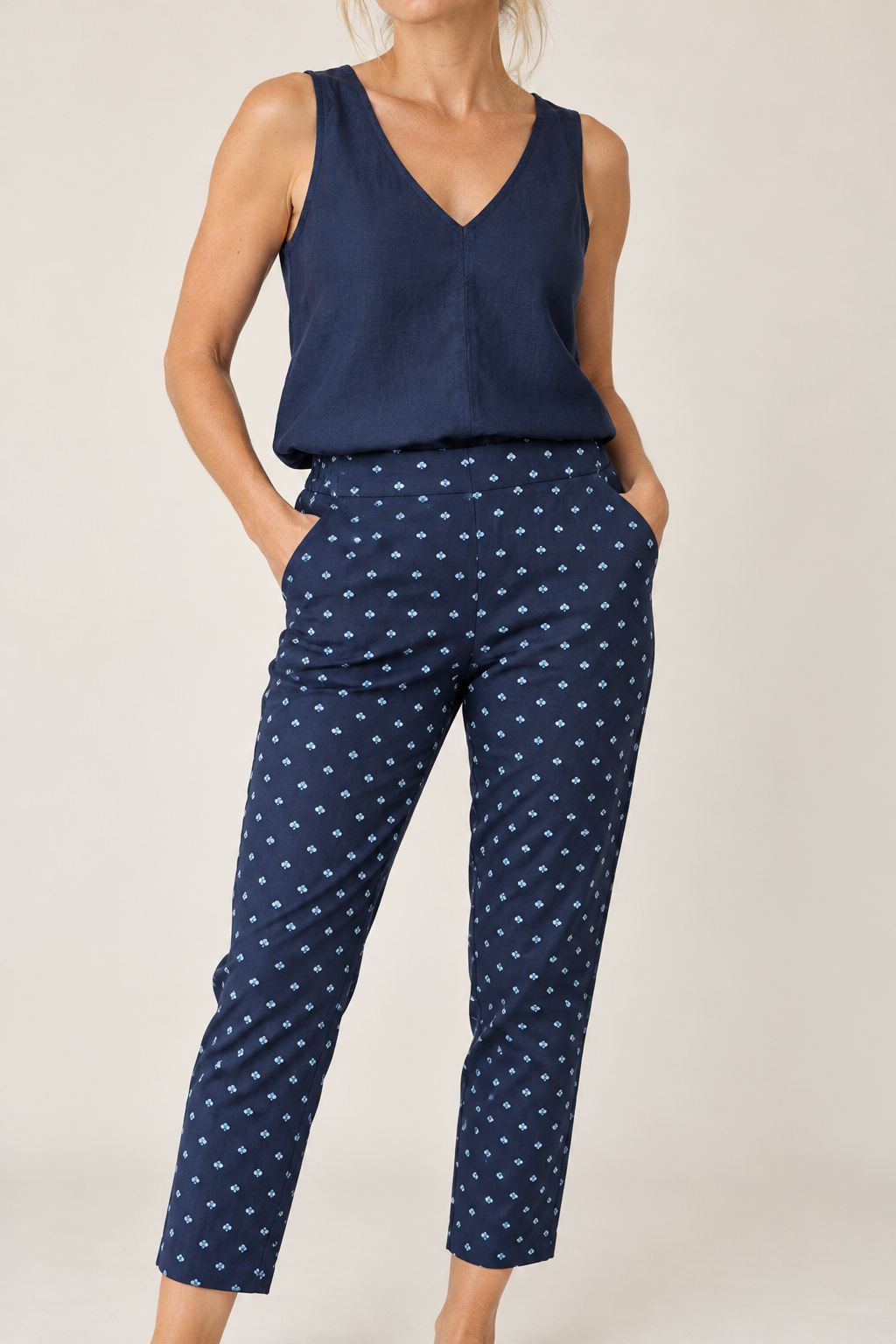 Tilly Linen Cami in Navy worn with the Tropez Print Pant in Navy & White