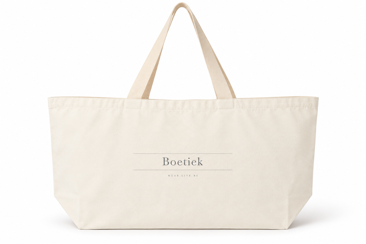 Front of the Boetiek large cream canvas tote with the grey Boetiek wordmark