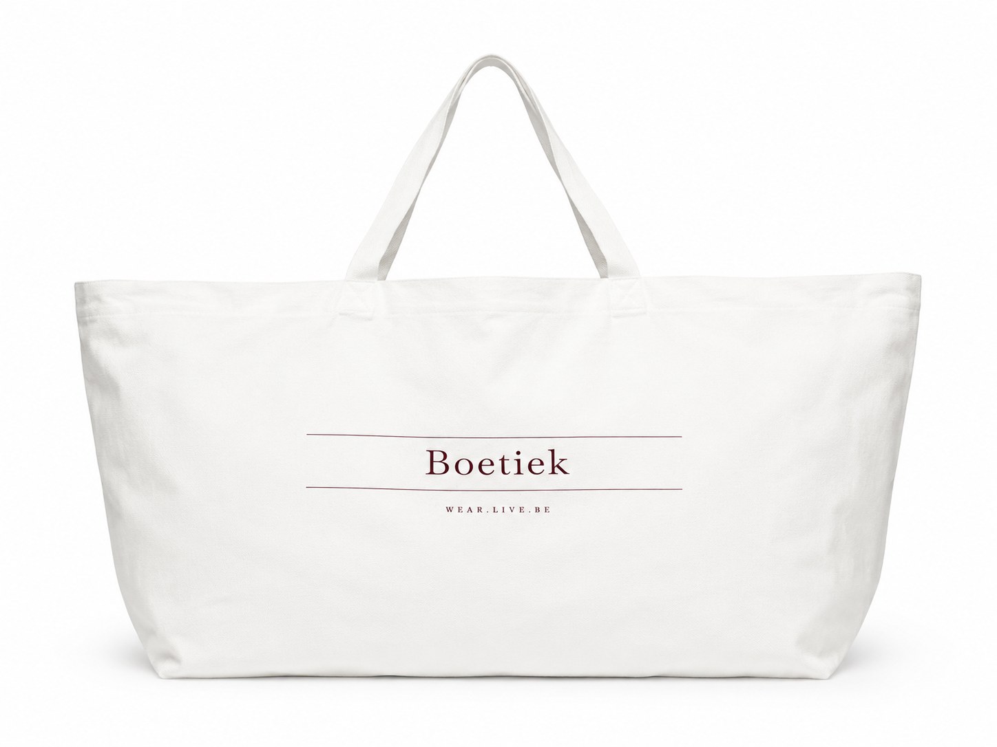 Boetiek large canvas tote bag in white with oversized silhouette, shoulder straps and minimalist logo detail