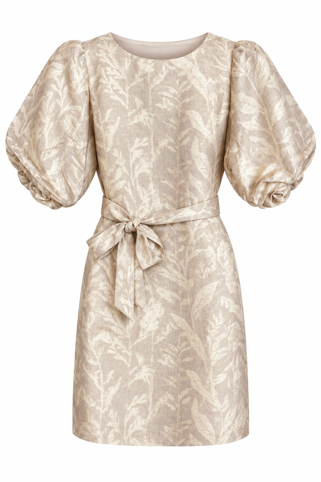 Smashed Lemon leaf print puff sleeve dress in dark sand and gold, front view with tie belt