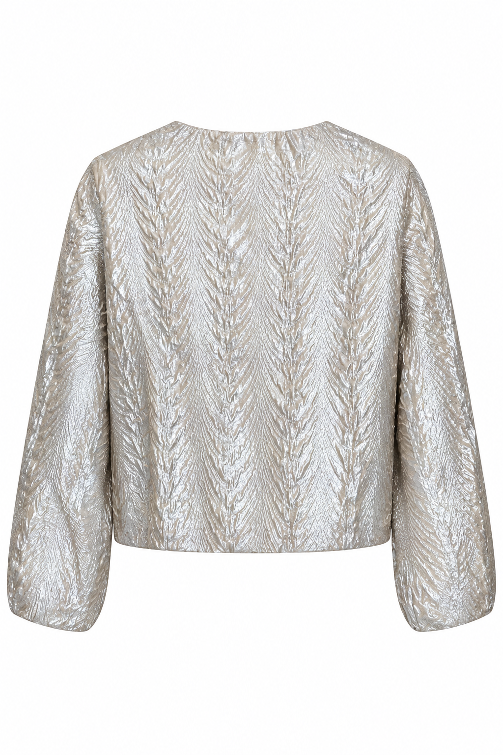 Smashed Lemon collarless metallic crinkle jacket in silver, back view