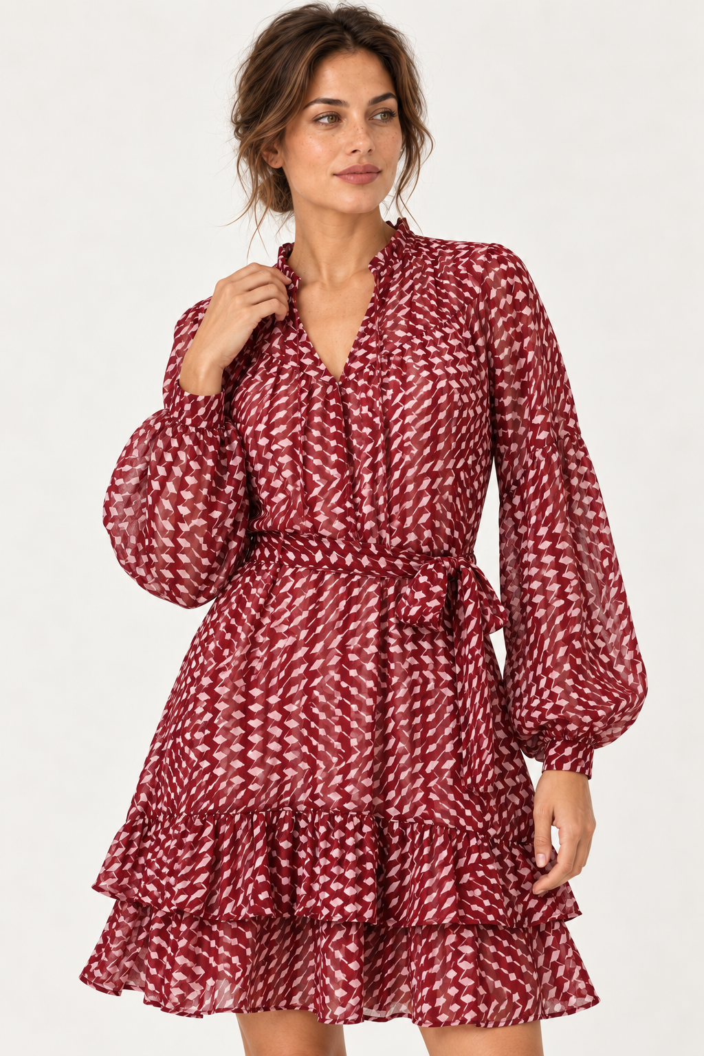 Smashed Lemon | Tiered Dress in Bordeaux & Baby Pink