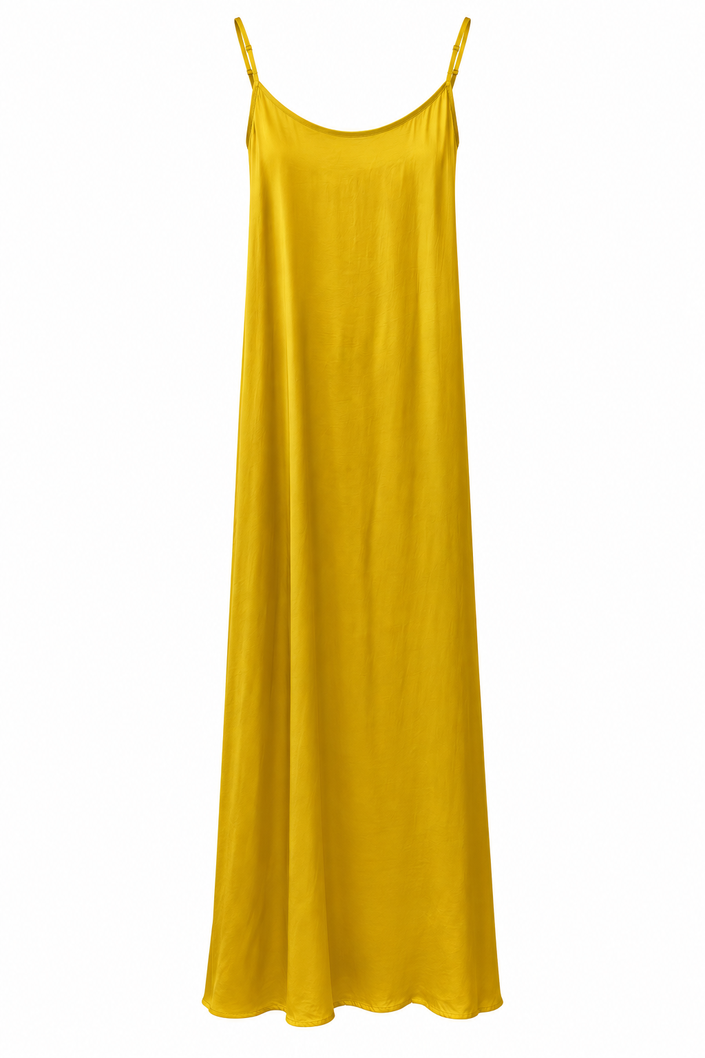 Suzy D Suzie maxi slip dress in golden yellow satin on a hanger, front view.