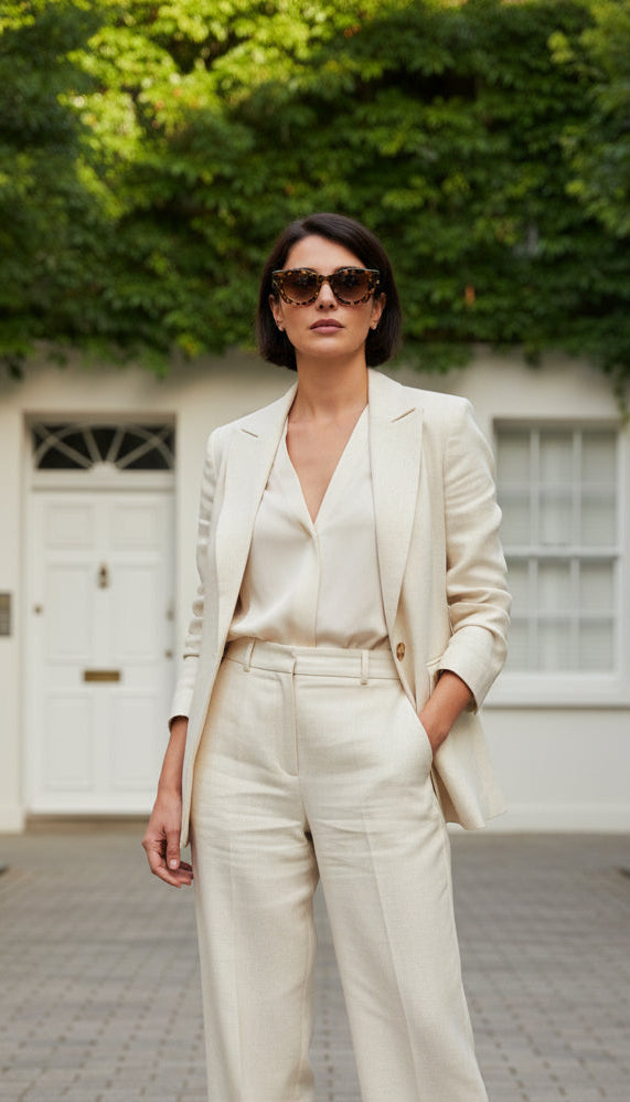 Woman wearing Thierry Lasry tortoise sunglasses styled with a cream tailored suit